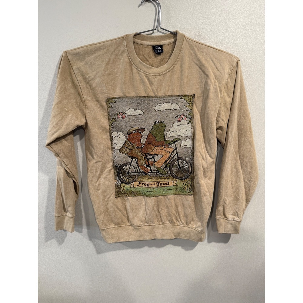 Frog and Toad Tandem Bike Woven Tapestry Patch Sweatshirt Tan Acid Wash Medium